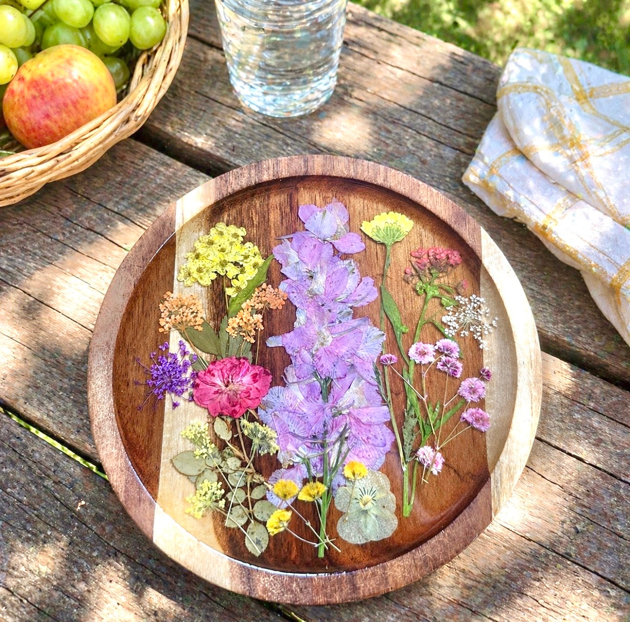6” Pressed Flower Acacia Wood Plate / Coaster - BG 384