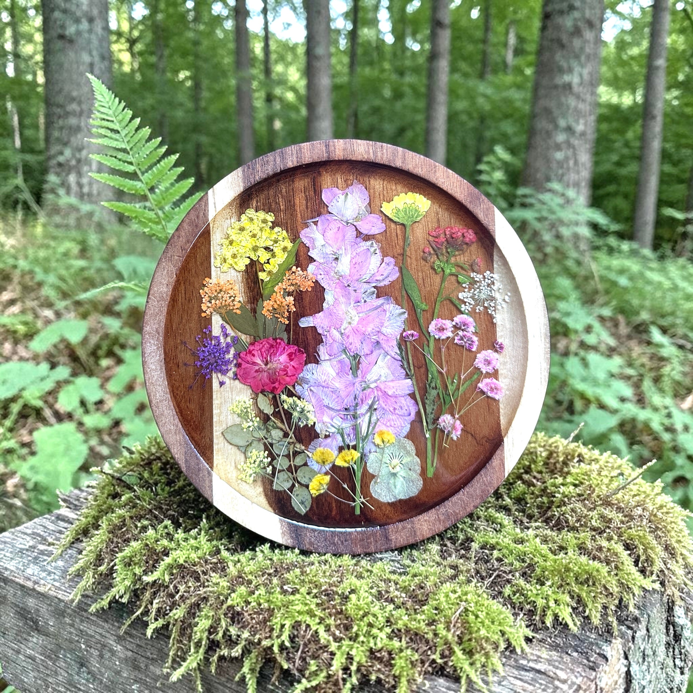 6” Pressed Flower Acacia Wood Plate / Coaster - BG 384