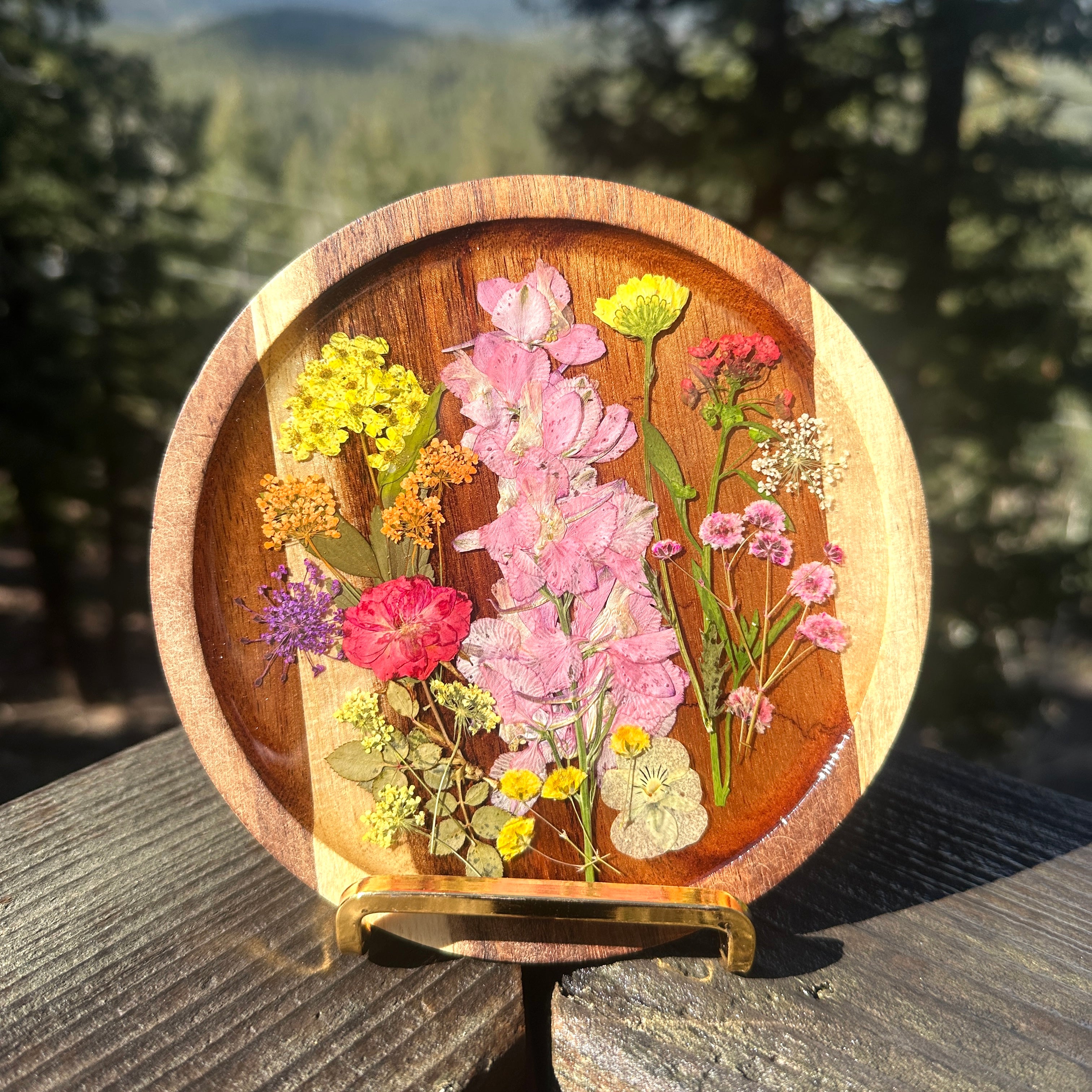 6” Pressed Flower Acacia Wood Plate / Coaster - BG 384