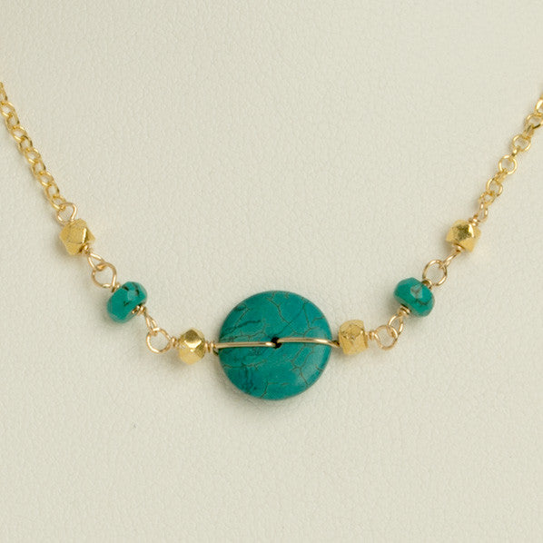 Turquoise Coin + Golden Nugget Necklace