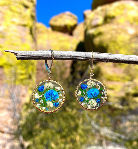 Real Cornflowers With Moss Earrings Blue Dangle Earrings 